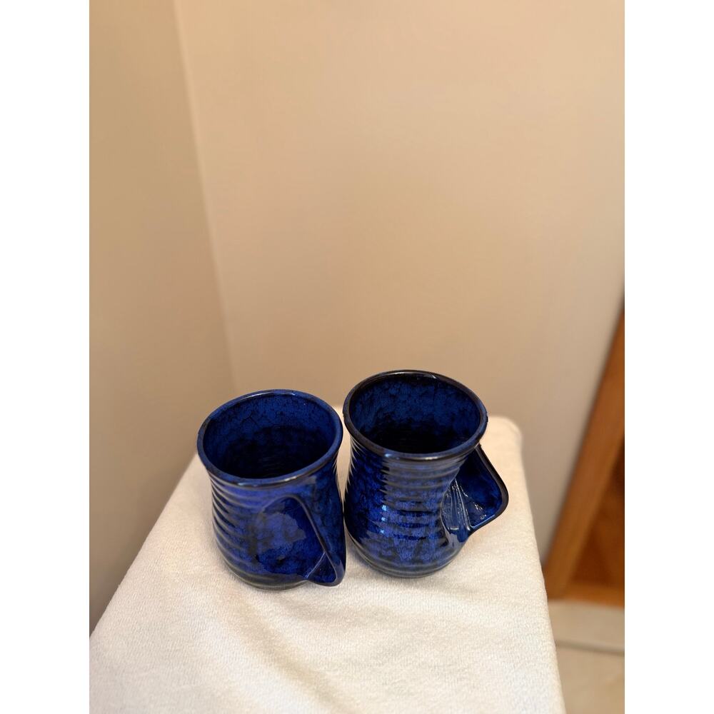Two blue-black glazed studio pottery ceramic mugs functional hand-warmer pocket - Picture 7 of 7